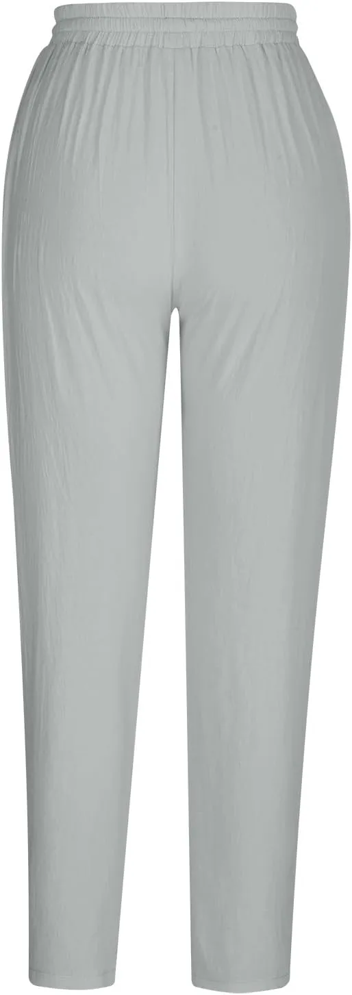 jsaierl Women Linen Pants Summer Cotton Tapered Pants Drawstring Waist Beach Trousers with Pockets Casual Vacation Outfits