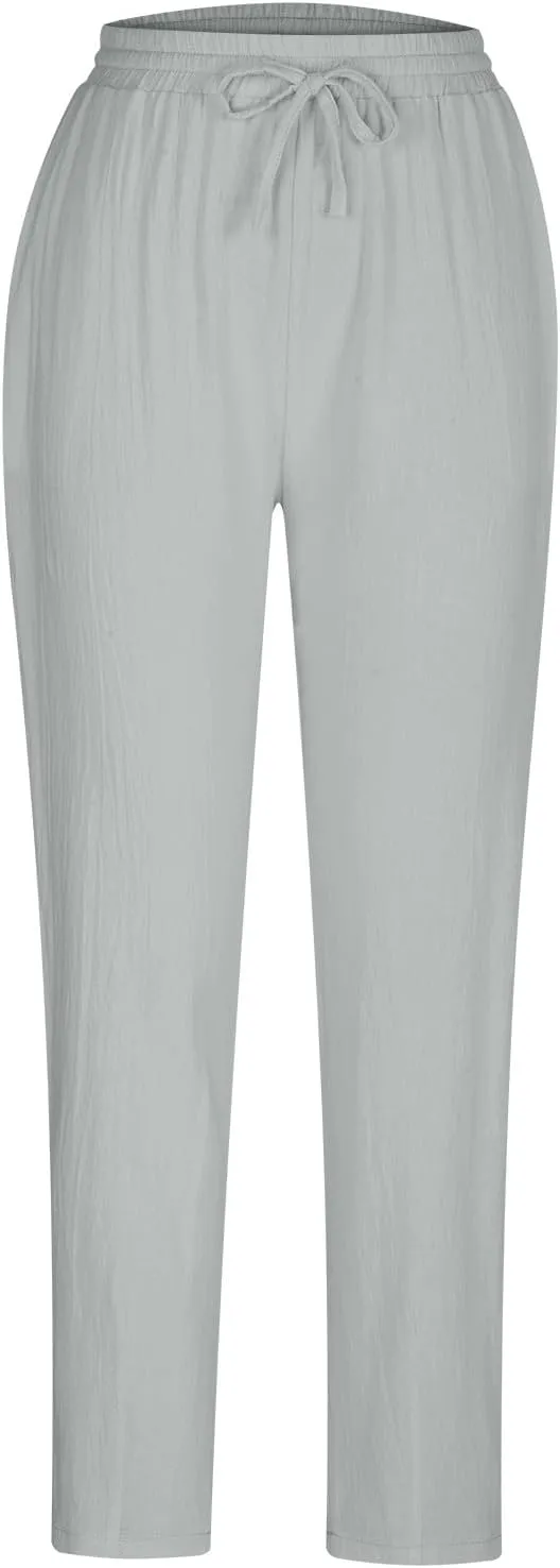 jsaierl Women Linen Pants Summer Cotton Tapered Pants Drawstring Waist Beach Trousers with Pockets Casual Vacation Outfits