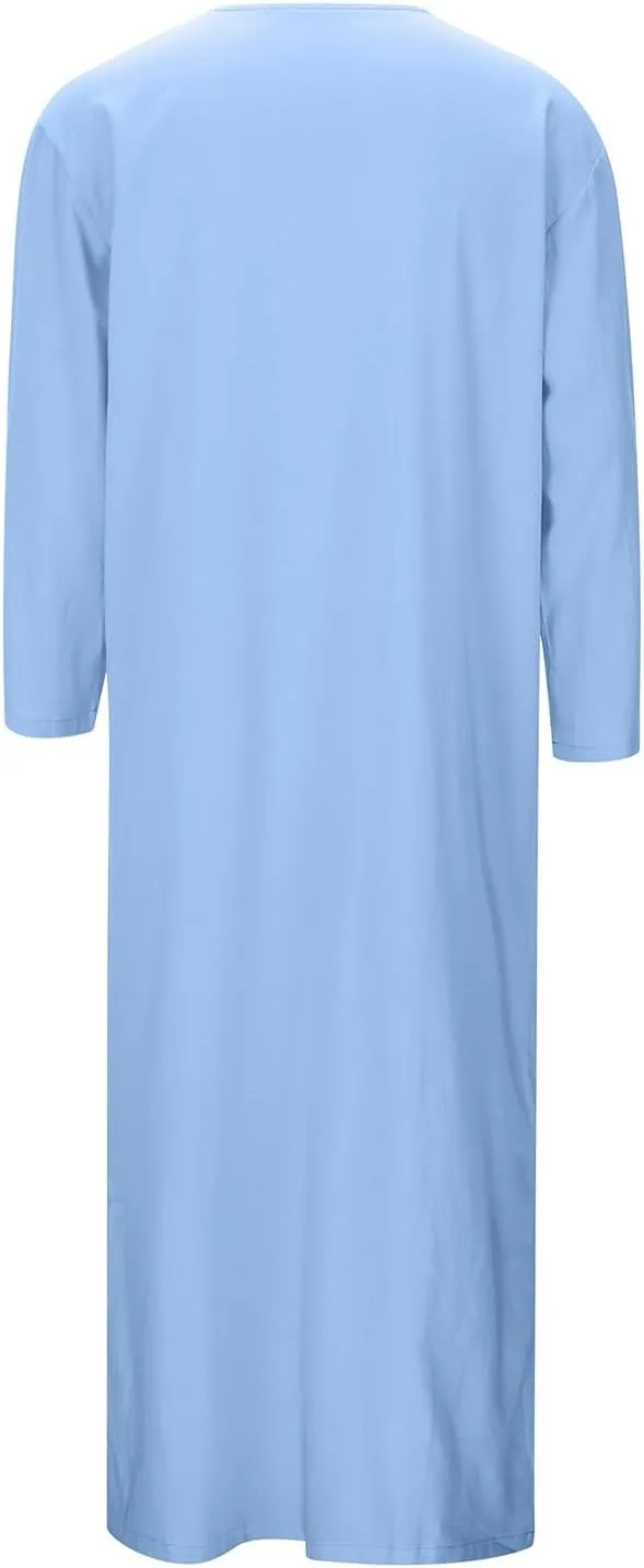 Kaftan Thobe Mens Short Sleeve V-Neck Linen Robe Big and Tall Muslim Robe Casual Loose Lightweight Long Sleeping Gown