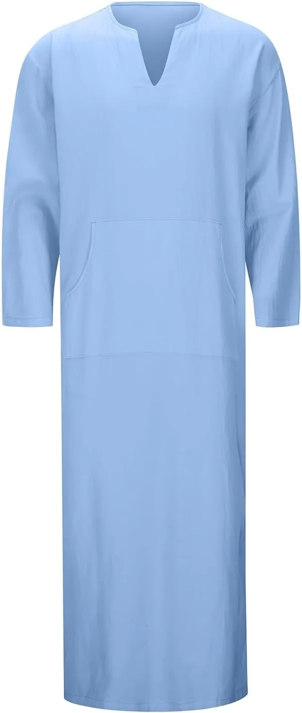 Kaftan Thobe Mens Short Sleeve V-Neck Linen Robe Big and Tall Muslim Robe Casual Loose Lightweight Long Sleeping Gown