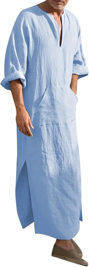 Kaftan Thobe Mens Short Sleeve V-Neck Linen Robe Big and Tall Muslim Robe Casual Loose Lightweight Long Sleeping Gown