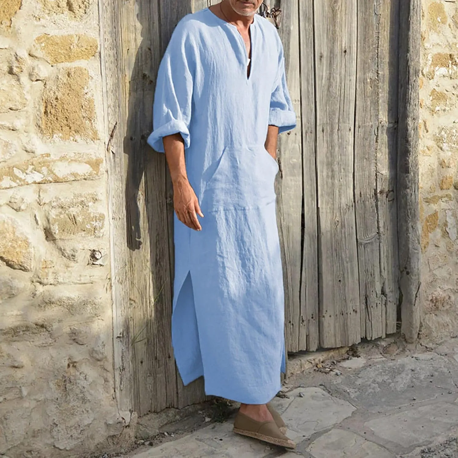 Kaftan Thobe Mens Short Sleeve V-Neck Linen Robe Big and Tall Muslim Robe Casual Loose Lightweight Long Sleeping Gown