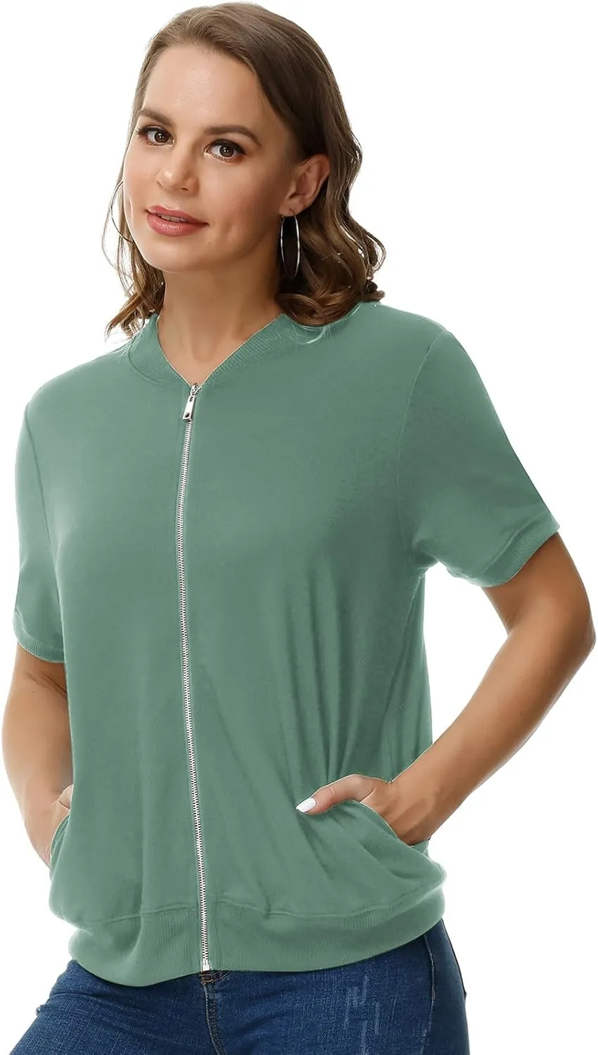 KANCY KOLE Womens Short Sleeve Jackets Casual Zip Up Sweatshirt Jackets with Pockets Summer Lightweight Coat Tops