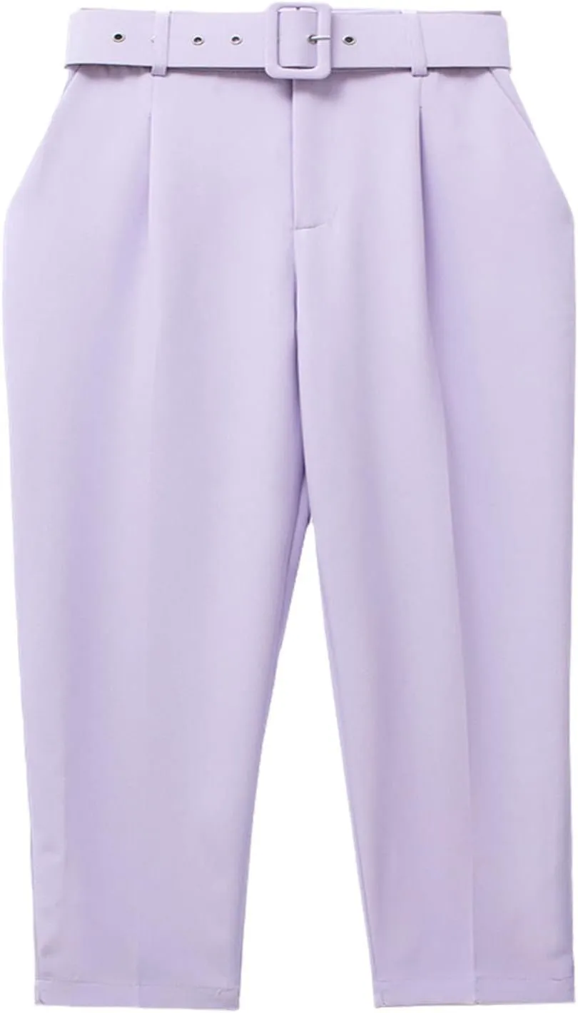Kelsiop Women's High Waist Pants Belt Office Trousers Summer Straight Leg Pants Street Women's Pants