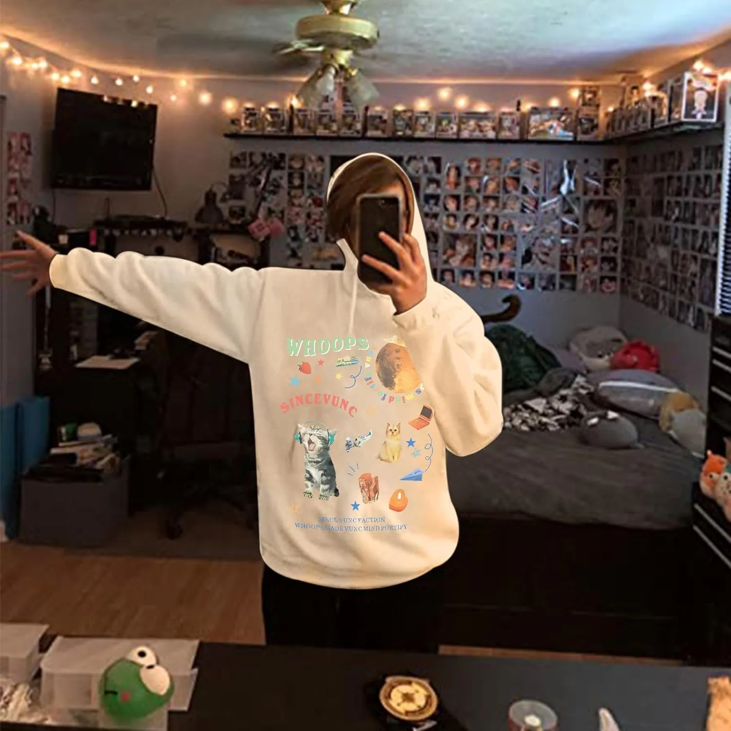KIEKIECOO Oversized Graphic Cute Hoodies for Teen Girls With Designs Women Cat Aesthetic Sweatshirts Funny Cartoon Pullover