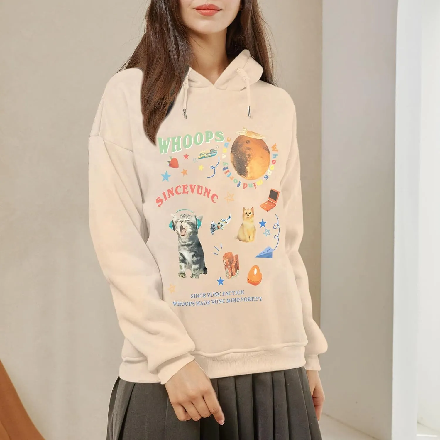 KIEKIECOO Oversized Graphic Cute Hoodies for Teen Girls With Designs Women Cat Aesthetic Sweatshirts Funny Cartoon Pullover