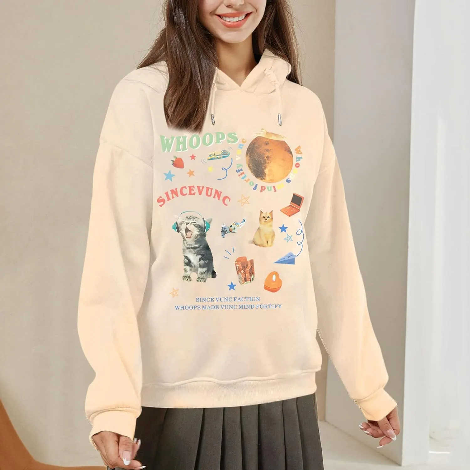 KIEKIECOO Oversized Graphic Cute Hoodies for Teen Girls With Designs Women Cat Aesthetic Sweatshirts Funny Cartoon Pullover