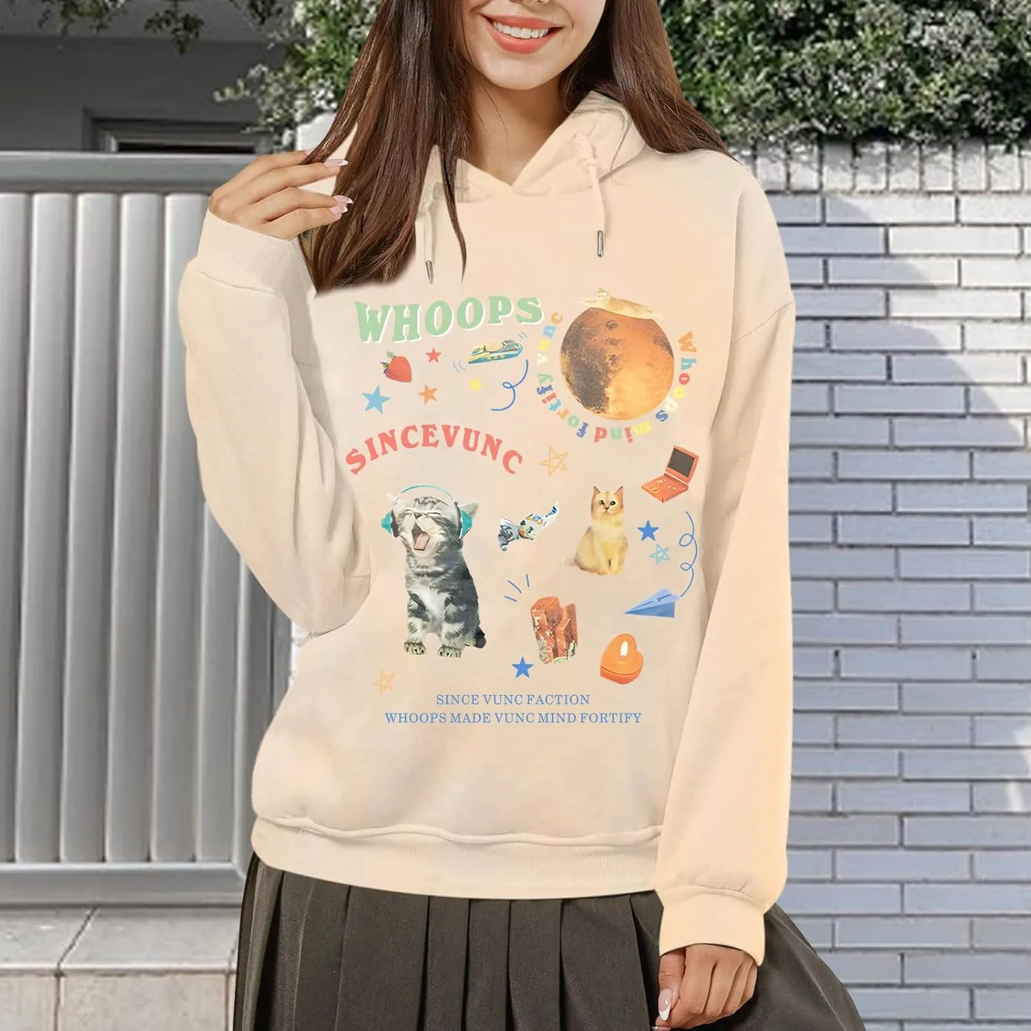 KIEKIECOO Oversized Graphic Cute Hoodies for Teen Girls With Designs Women Cat Aesthetic Sweatshirts Funny Cartoon Pullover