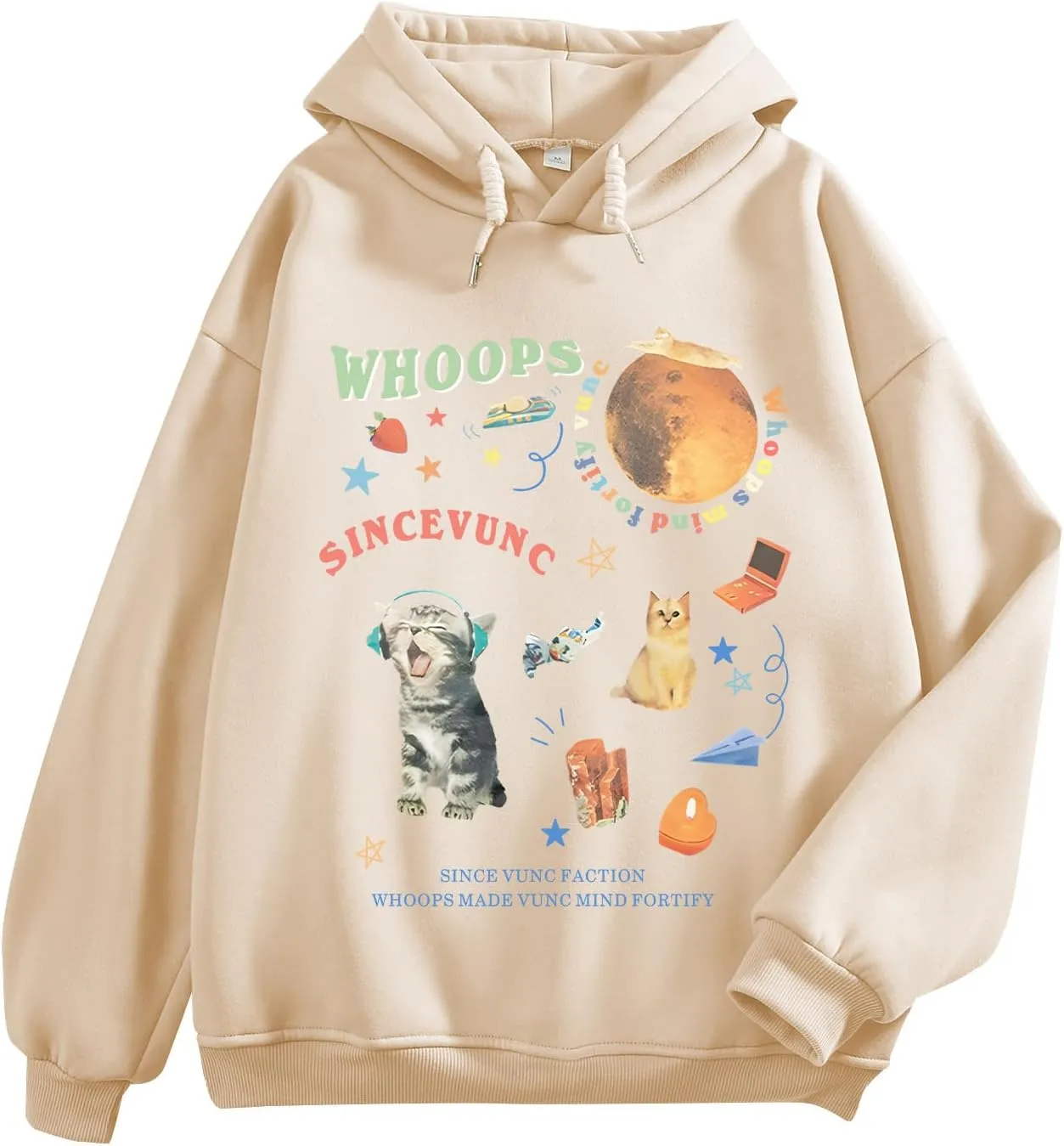 KIEKIECOO Oversized Graphic Cute Hoodies for Teen Girls With Designs Women Cat Aesthetic Sweatshirts Funny Cartoon Pullover