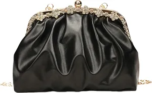 Kiss Lock Clutch Handbag Women Elegant Evening Bag Floral Edges Patent Leather Chain Shoulder Crossbody Formal