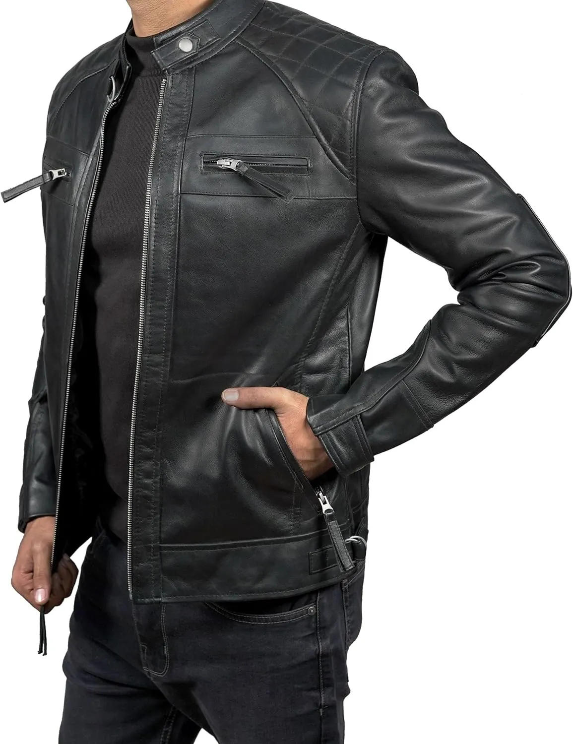 Leather Jacket Men - Cafe Racer Mens Jackets Casual Stylish Motorcycle Jacket - Lambskin Men's Biker Leather Jackets For Men