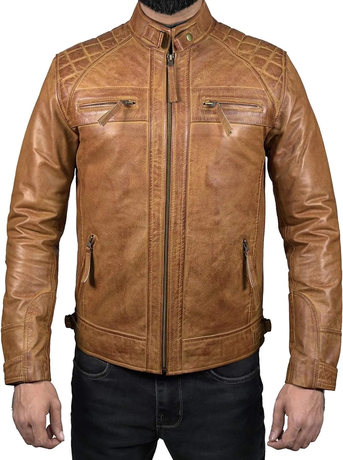 Leather Jacket Men - Cafe Racer Mens Jackets Casual Stylish Motorcycle Jacket - Lambskin Men's Biker Leather Jackets For Men