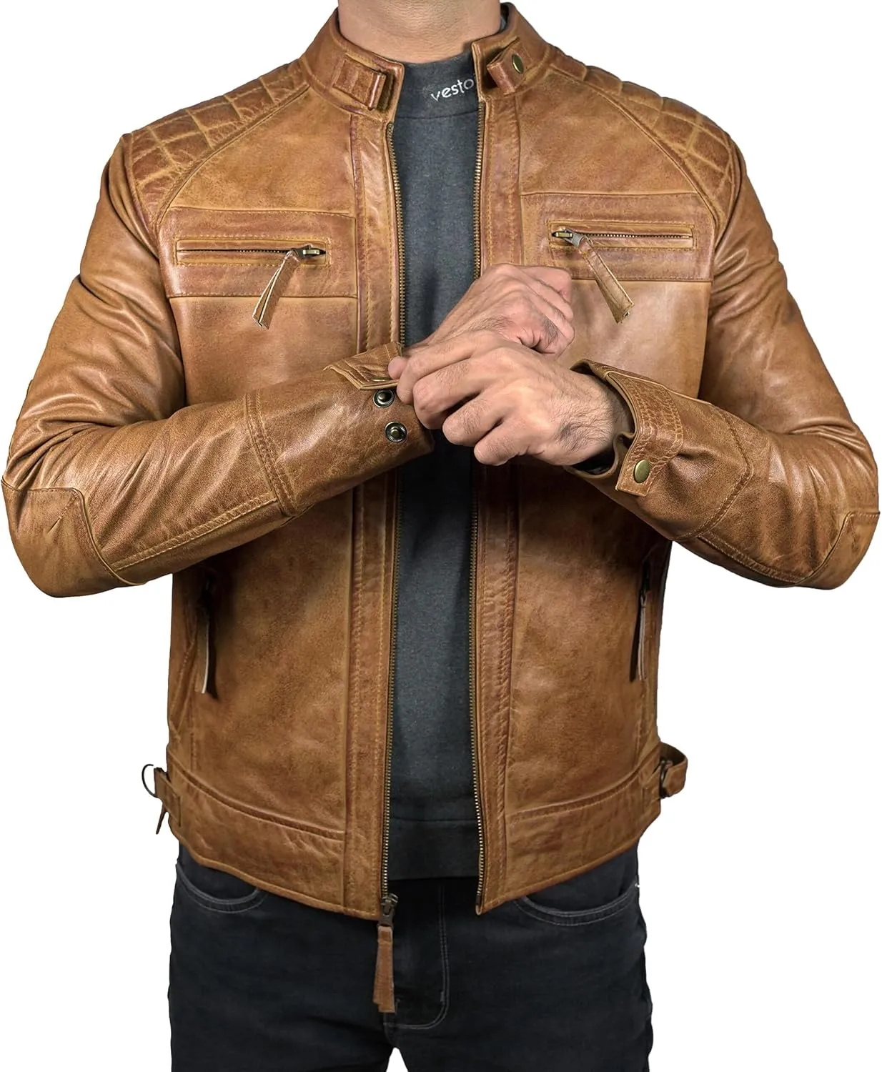 Leather Jacket Men - Cafe Racer Mens Jackets Casual Stylish Motorcycle Jacket - Lambskin Men's Biker Leather Jackets For Men