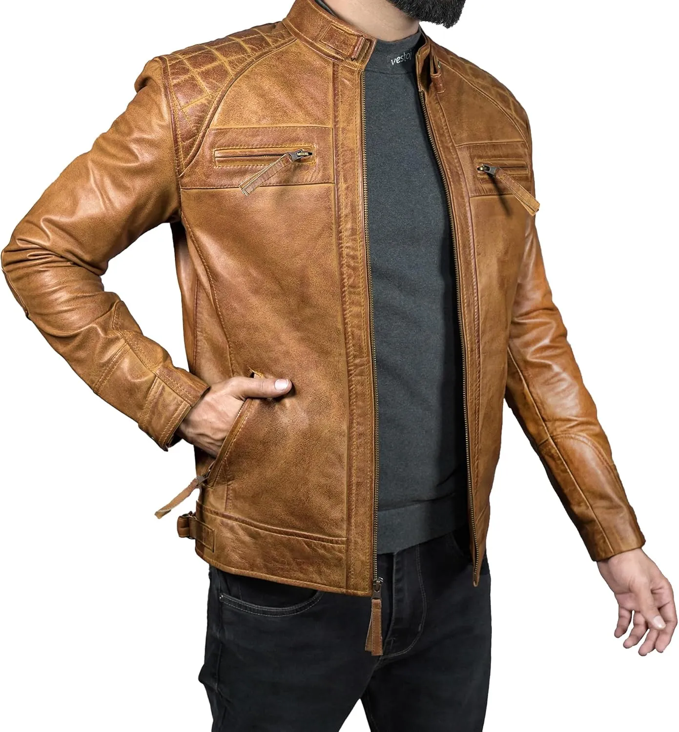 Leather Jacket Men - Cafe Racer Mens Jackets Casual Stylish Motorcycle Jacket - Lambskin Men's Biker Leather Jackets For Men