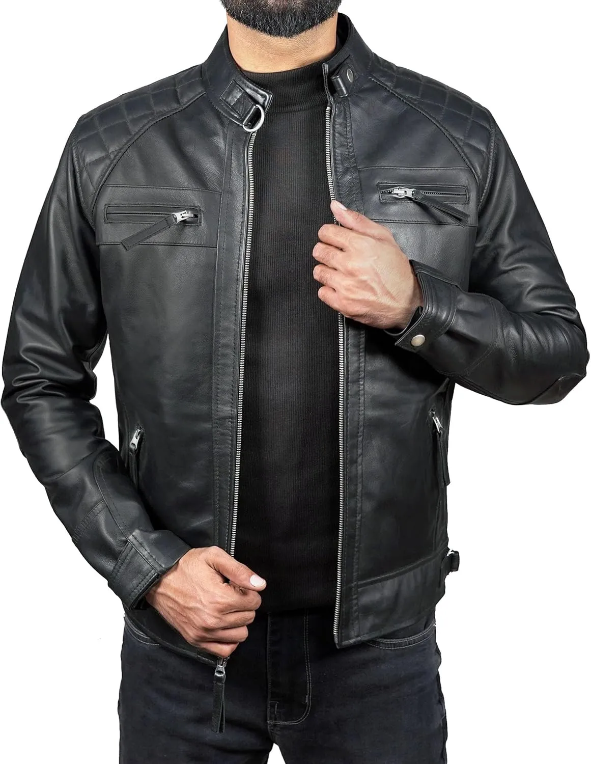 Leather Jacket Men - Cafe Racer Mens Jackets Casual Stylish Motorcycle Jacket - Lambskin Men's Biker Leather Jackets For Men