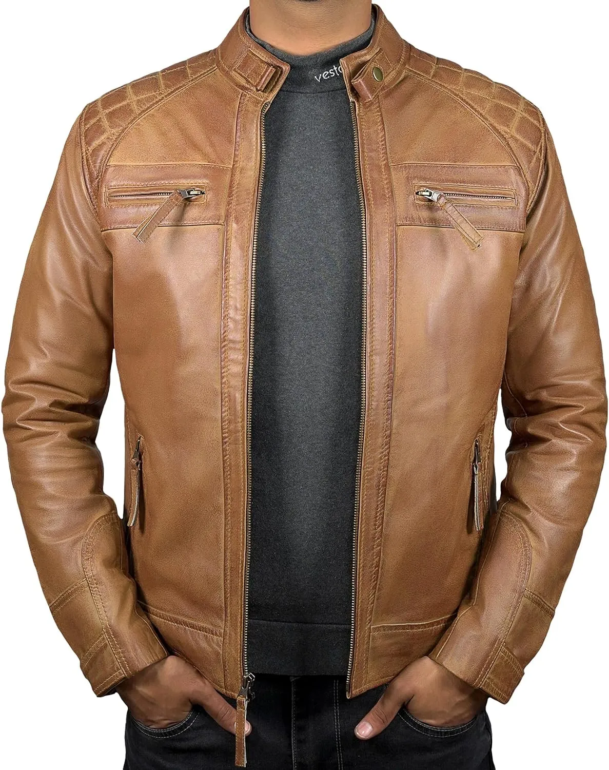 Leather Jacket Men - Cafe Racer Mens Jackets Casual Stylish Motorcycle Jacket - Lambskin Men's Biker Leather Jackets For Men