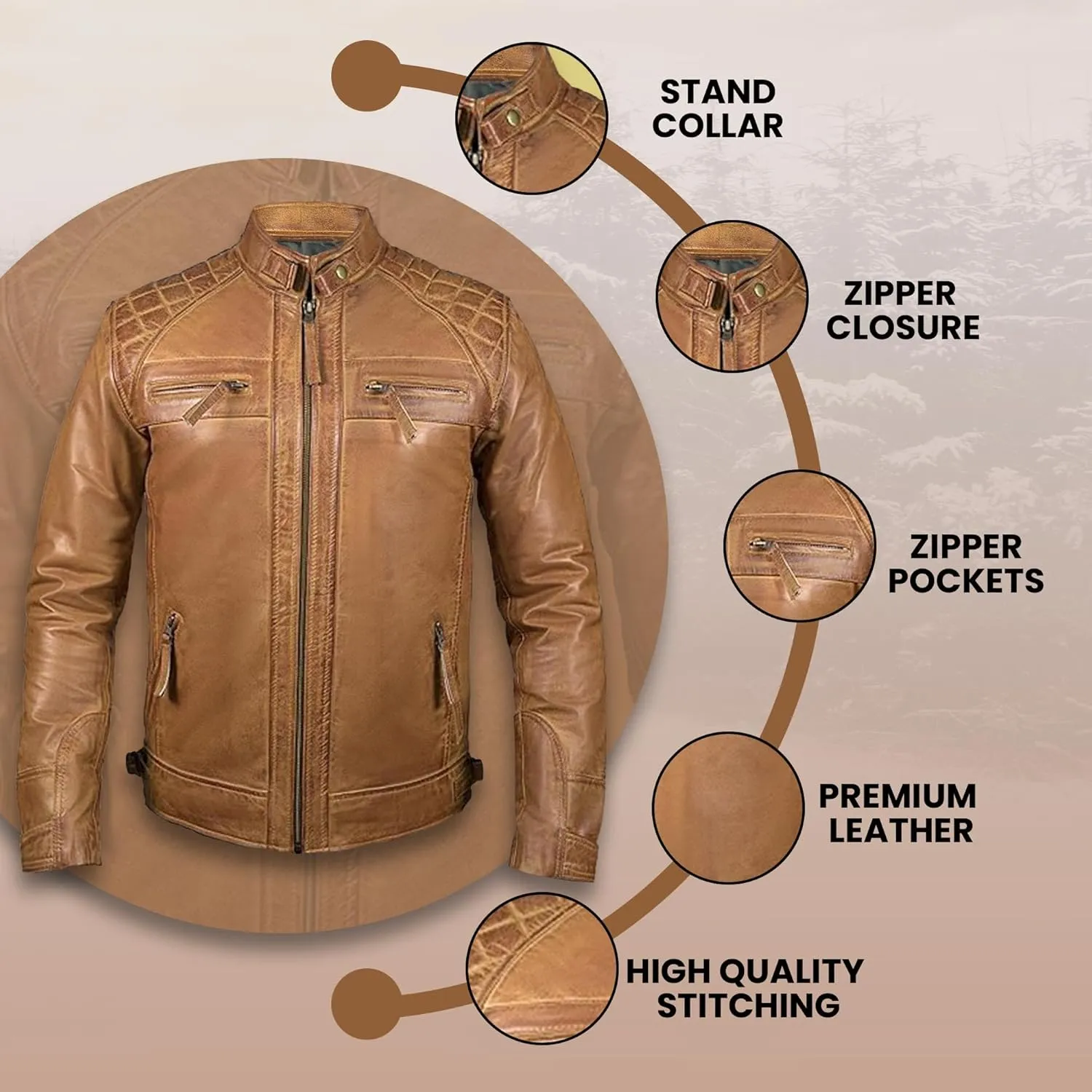 Leather Jacket Men - Cafe Racer Mens Jackets Casual Stylish Motorcycle Jacket - Lambskin Men's Biker Leather Jackets For Men