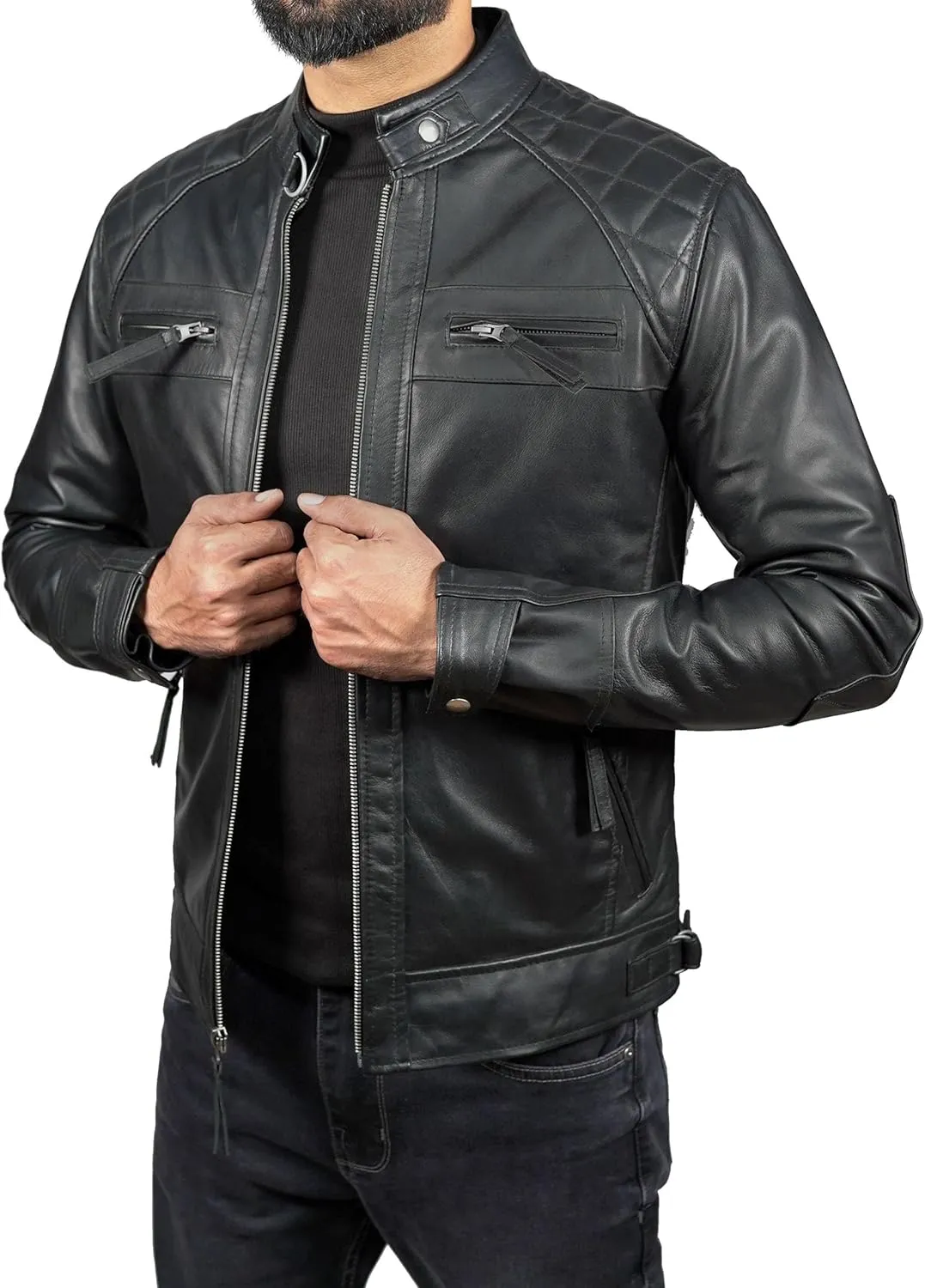 Leather Jacket Men - Cafe Racer Mens Jackets Casual Stylish Motorcycle Jacket - Lambskin Men's Biker Leather Jackets For Men