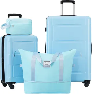 Lightweight and Durable 2 Piece Luggage Set, Expandable Spinner Wheels, with Travel and Toiletry Bags, Light Blue