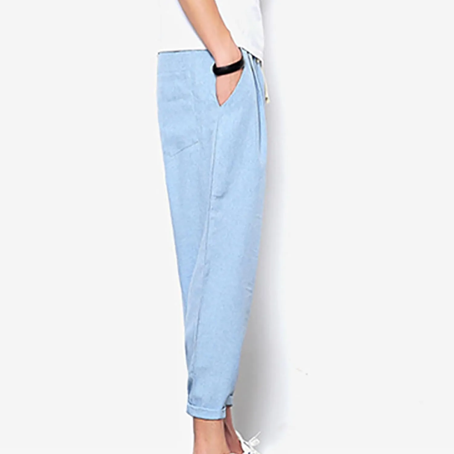 Linen Capri Pants Men Baggy Harem Pants Drawstring Lounge Pants Elastic Waist Capris Casual Summer Ankle Pants