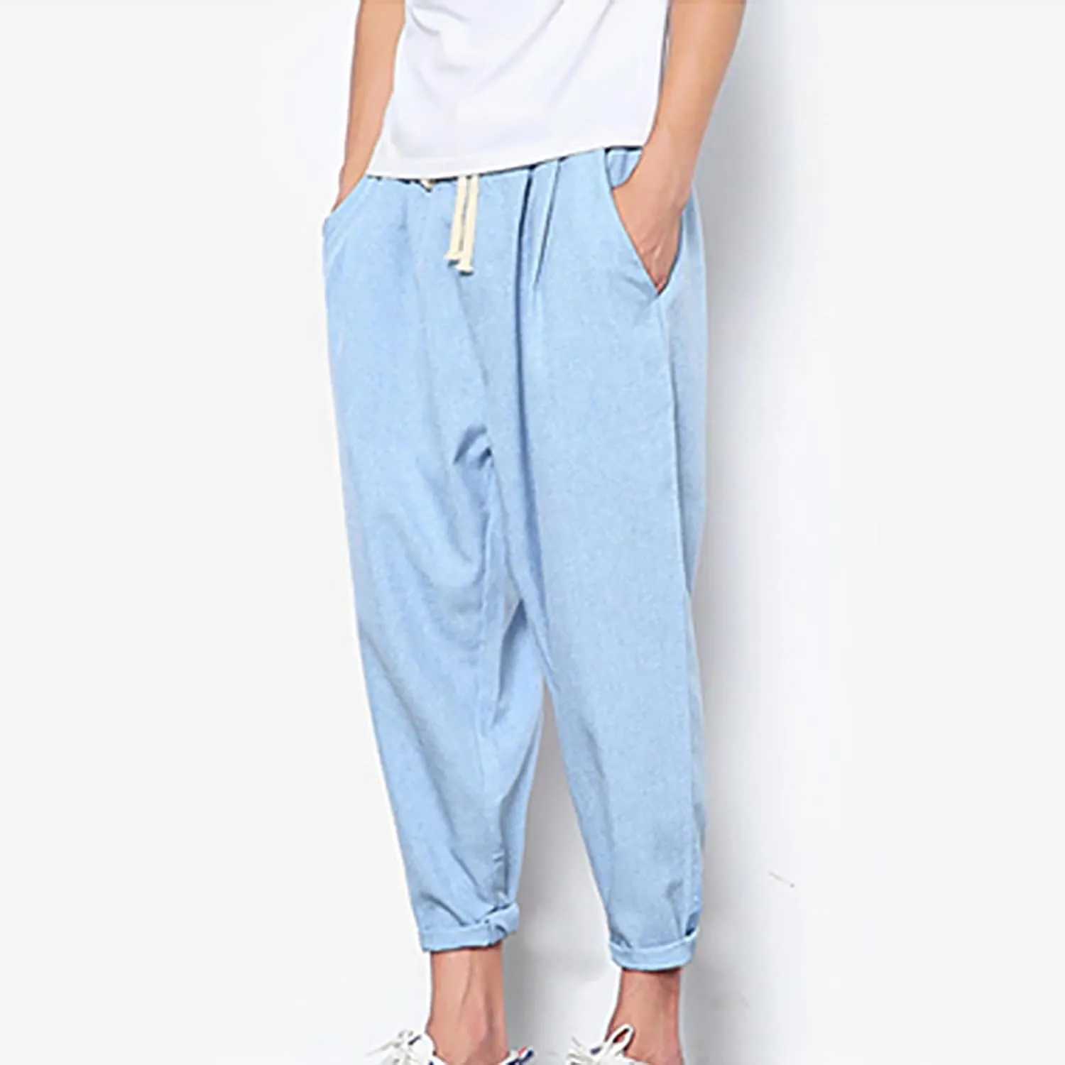 Linen Capri Pants Men Baggy Harem Pants Drawstring Lounge Pants Elastic Waist Capris Casual Summer Ankle Pants
