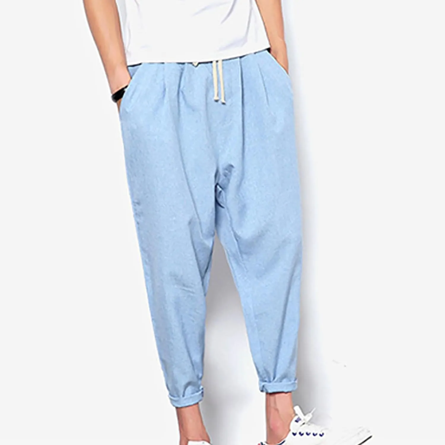 Linen Capri Pants Men Baggy Harem Pants Drawstring Lounge Pants Elastic Waist Capris Casual Summer Ankle Pants