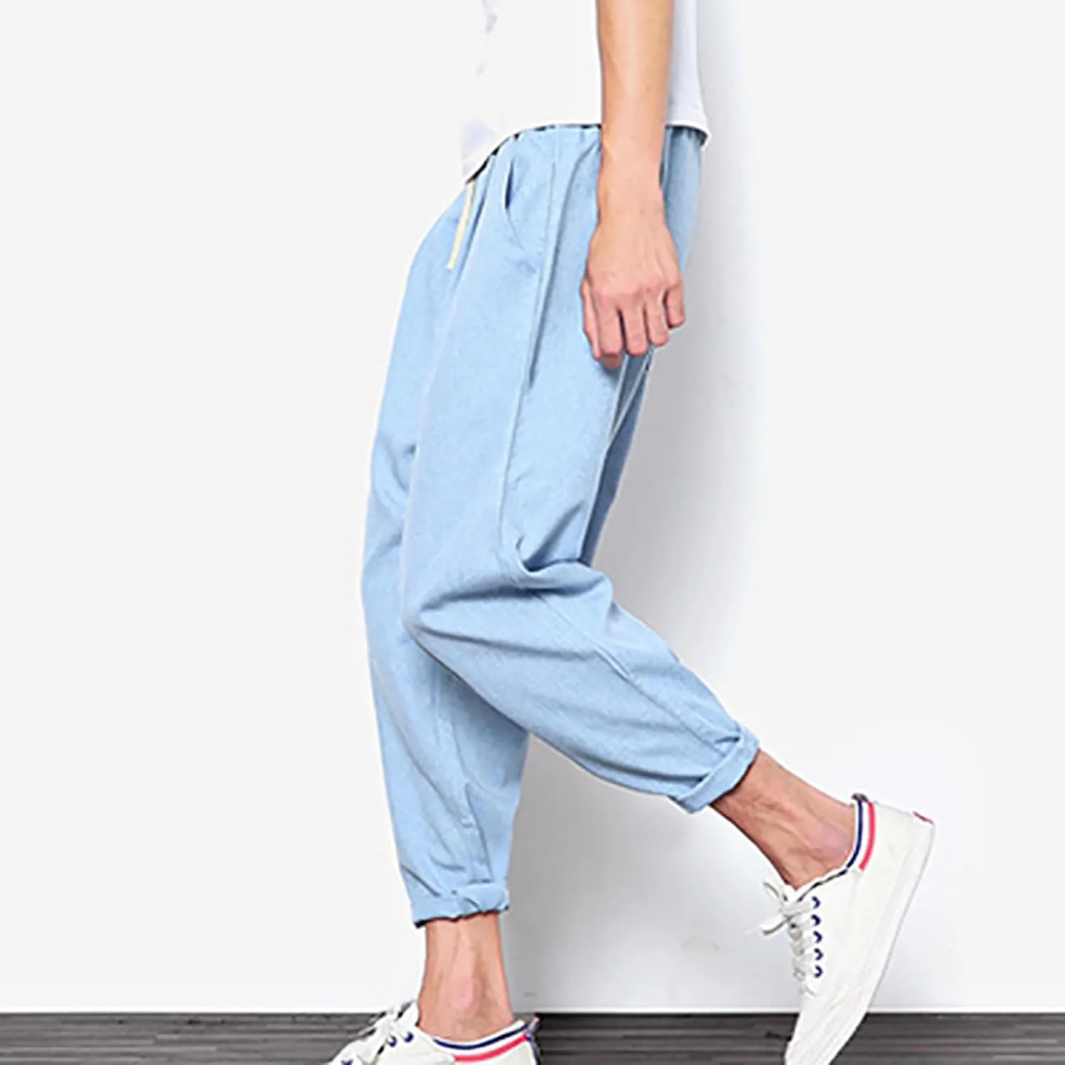 Linen Capri Pants Men Baggy Harem Pants Drawstring Lounge Pants Elastic Waist Capris Casual Summer Ankle Pants