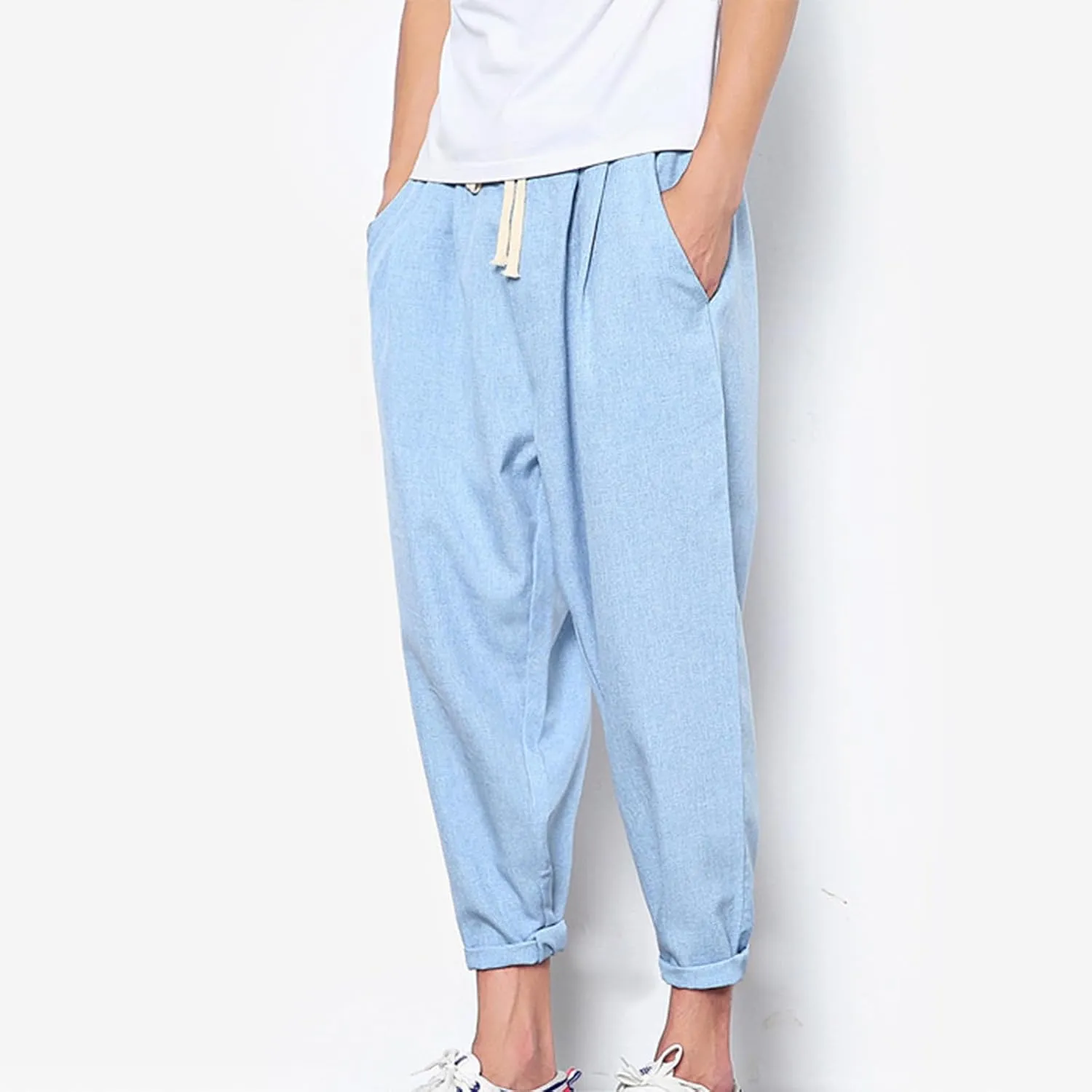 Linen Capri Pants Men Baggy Harem Pants Drawstring Lounge Pants Elastic Waist Capris Casual Summer Ankle Pants