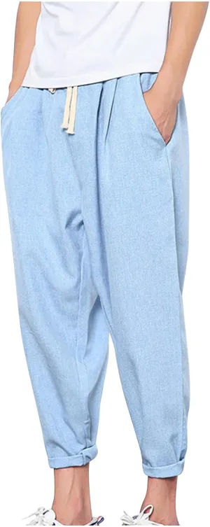 Linen Capri Pants Men Baggy Harem Pants Drawstring Lounge Pants Elastic Waist Capris Casual Summer Ankle Pants