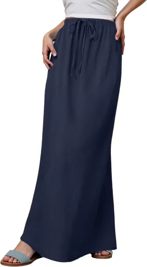 Linen Maxi Skirts for Women Flowy Summer High Waisted Drawstring Ankle-Length A Line Skirts Casual Beach Vacation Boho Dress