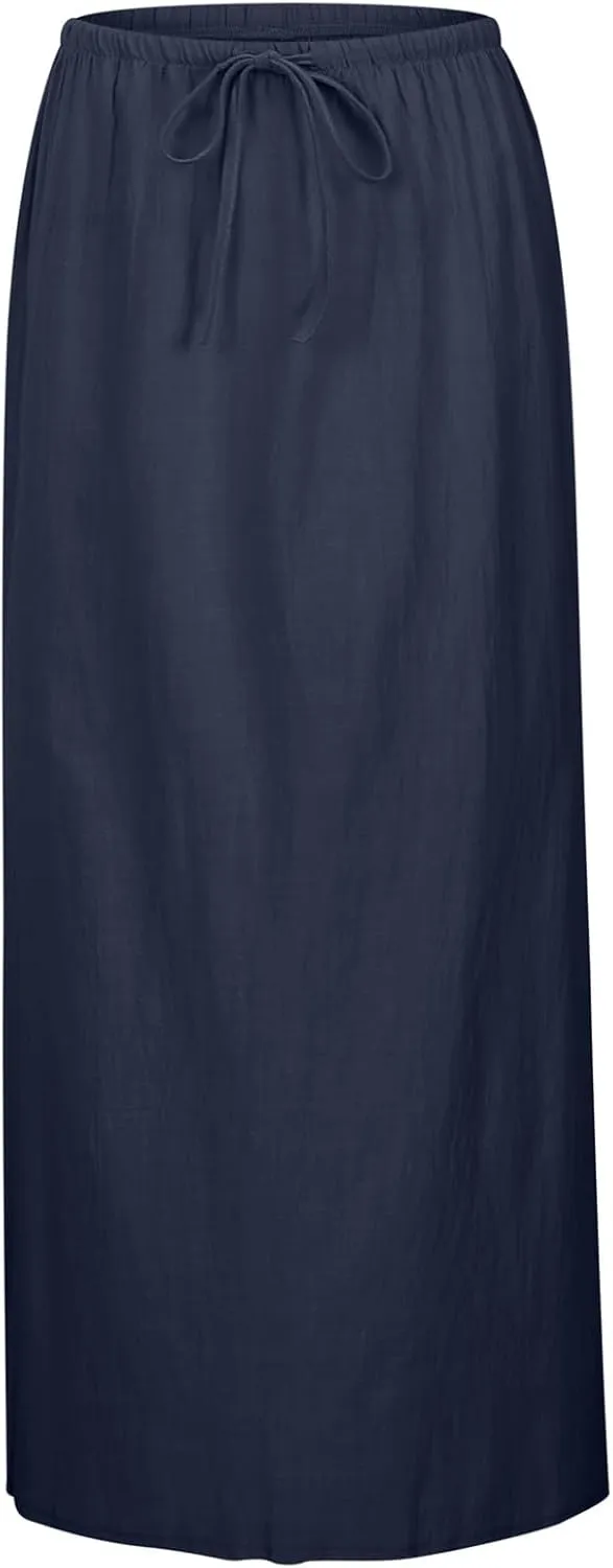 Linen Maxi Skirts for Women Flowy Summer High Waisted Drawstring Ankle-Length A Line Skirts Casual Beach Vacation Boho Dress