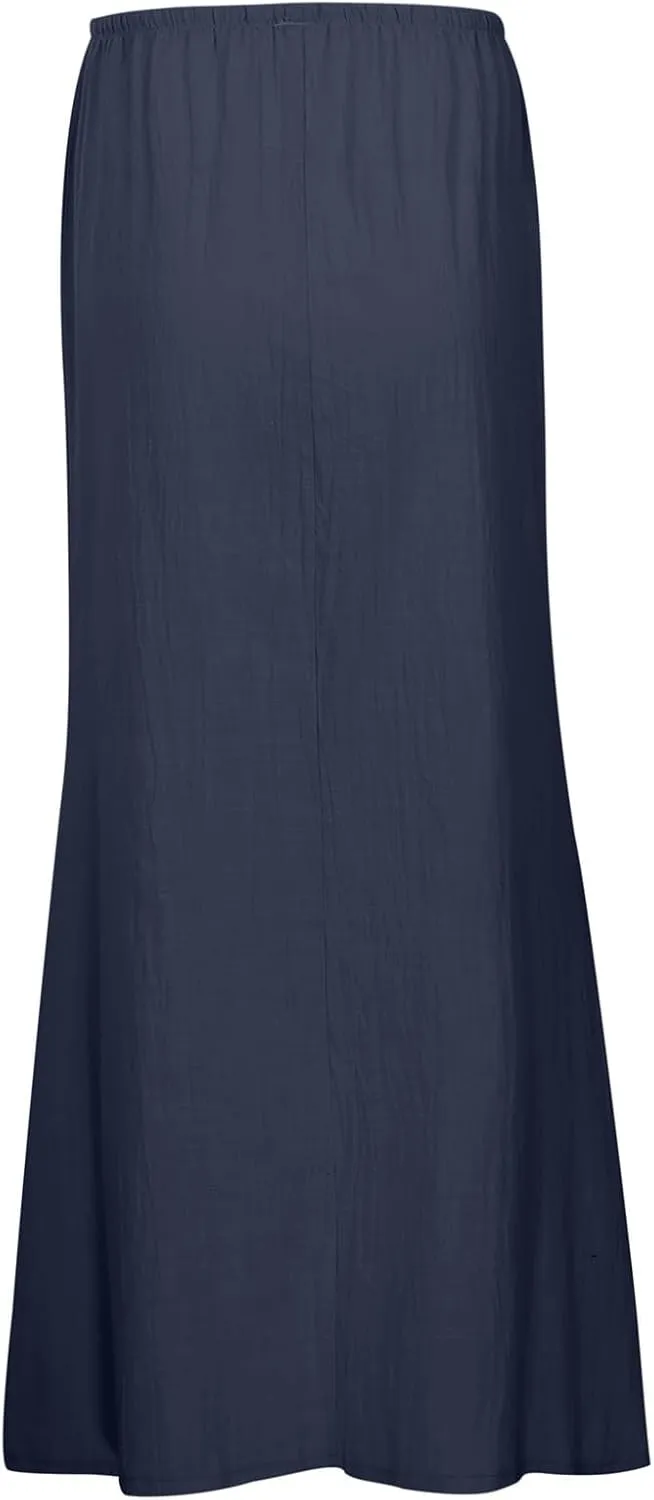 Linen Maxi Skirts for Women Flowy Summer High Waisted Drawstring Ankle-Length A Line Skirts Casual Beach Vacation Boho Dress