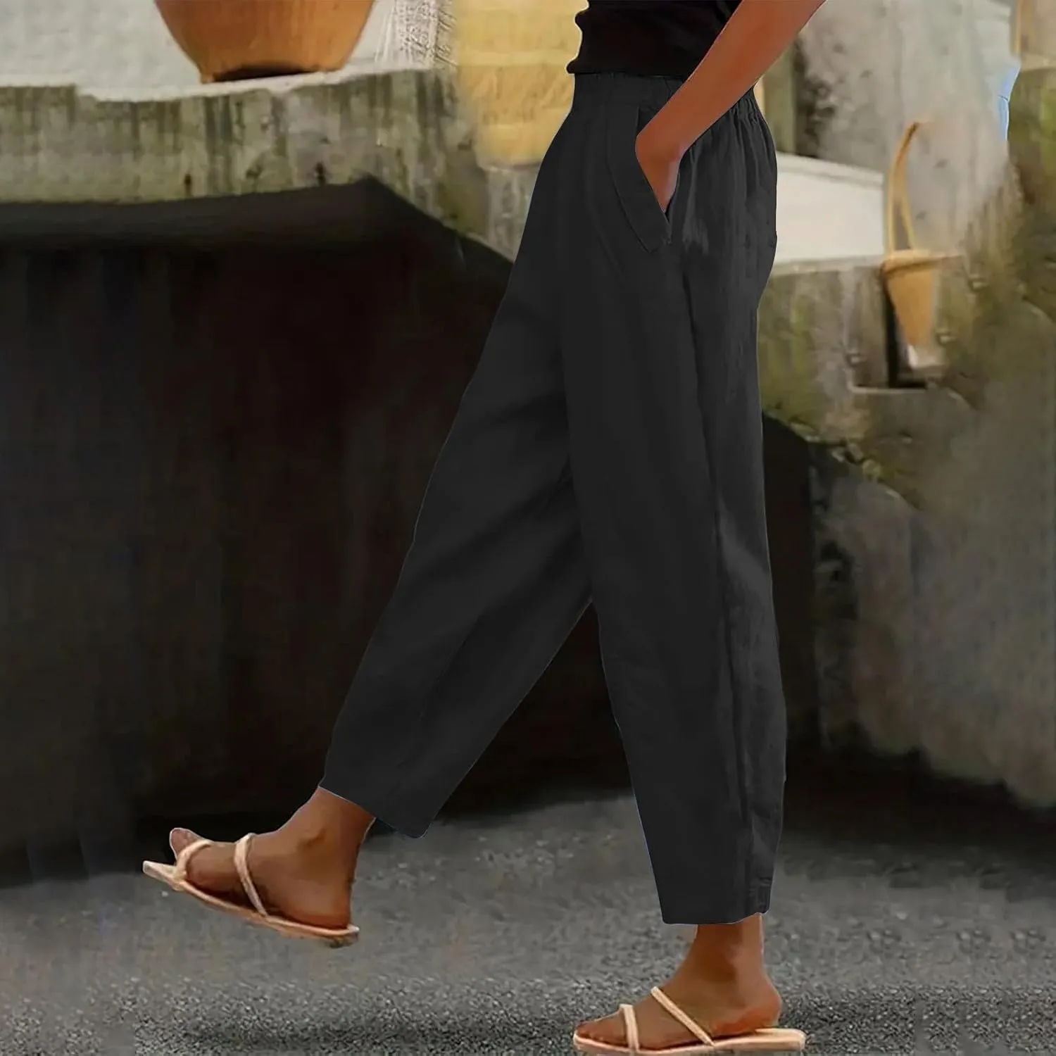 Linen Pants for Women High Waist Pants Plus Drawstring Elastic Waist Pants Trousers with Pockets Summer Casual Pants