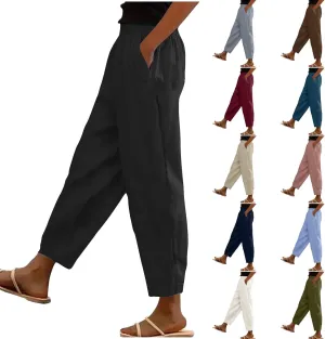 Linen Pants for Women High Waist Pants Plus Drawstring Elastic Waist Pants Trousers with Pockets Summer Casual Pants