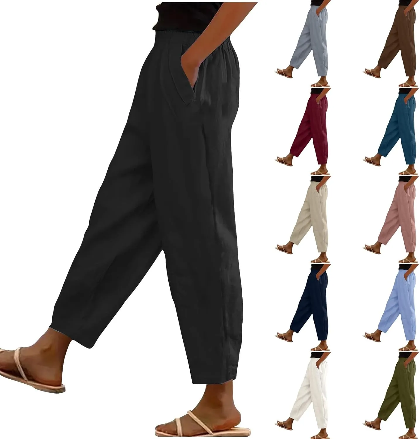 Linen Pants for Women High Waist Pants Plus Drawstring Elastic Waist Pants Trousers with Pockets Summer Casual Pants