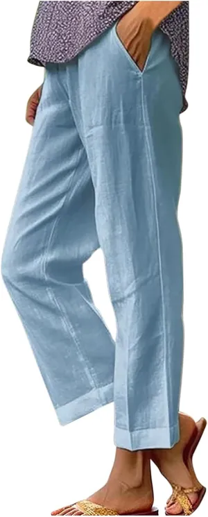 Linen Pants for Women Summer Casual Cropped Pants Straight Leg Beach Pants High Waisted Lounge Pants with Pockets