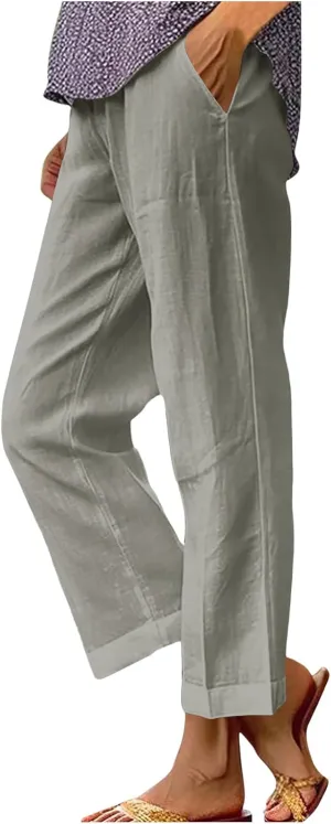 Linen Pants for Women Summer Casual Cropped Pants Straight Leg Beach Pants High Waisted Lounge Pants with Pockets