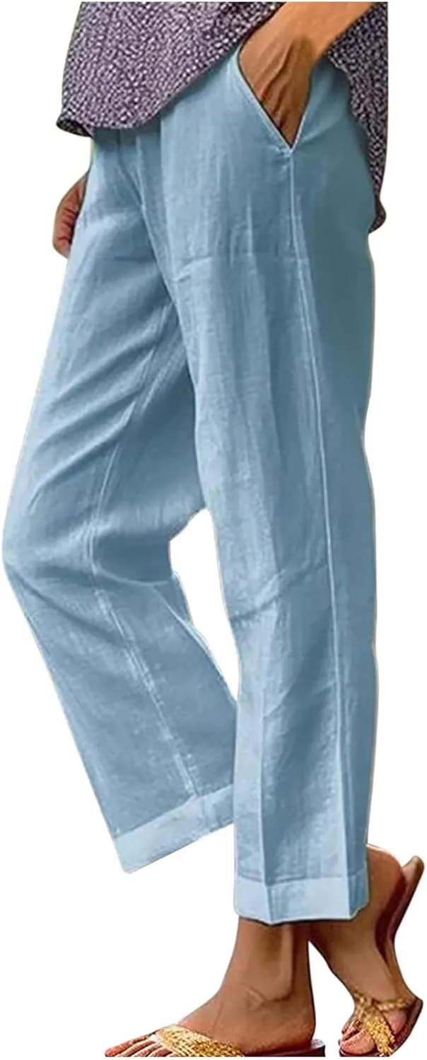 Linen Pants for Women Summer Casual Cropped Pants Straight Leg Beach Pants High Waisted Lounge Pants with Pockets