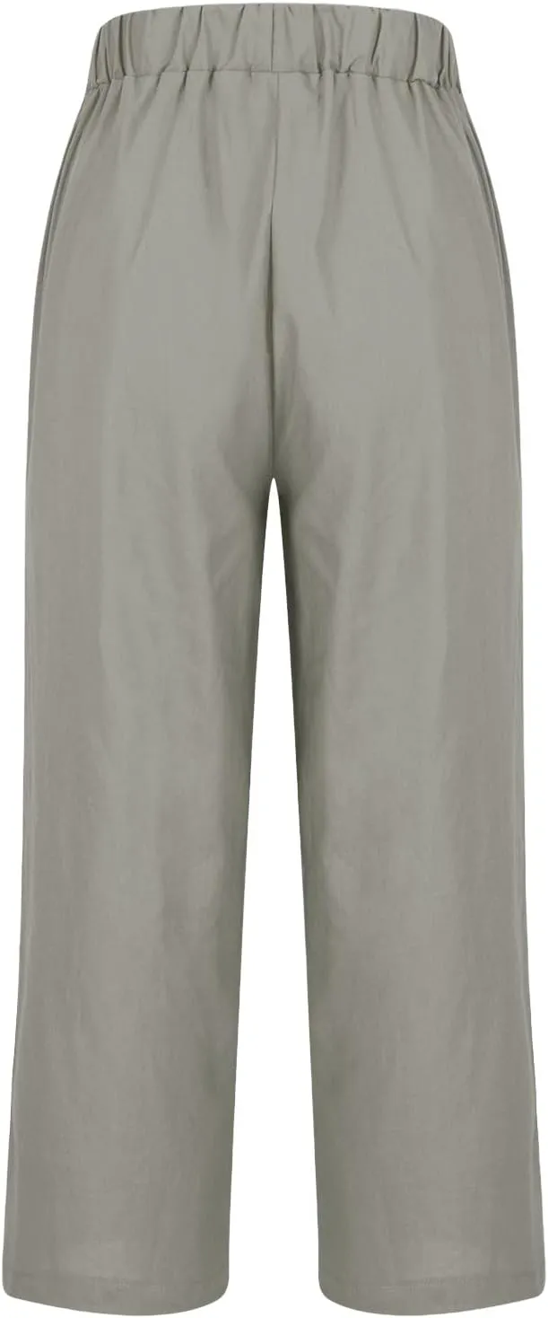 Linen Pants for Women Summer Casual Cropped Pants Straight Leg Beach Pants High Waisted Lounge Pants with Pockets