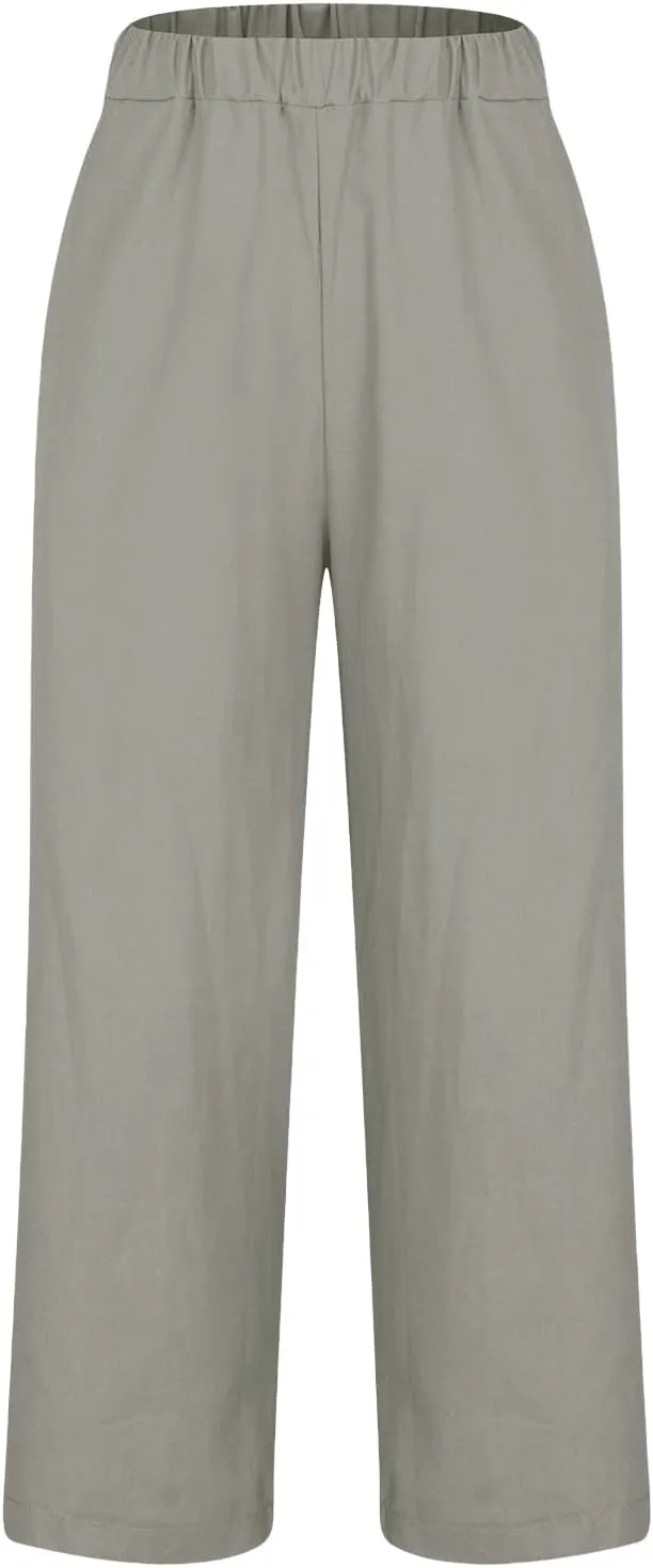 Linen Pants for Women Summer Casual Cropped Pants Straight Leg Beach Pants High Waisted Lounge Pants with Pockets