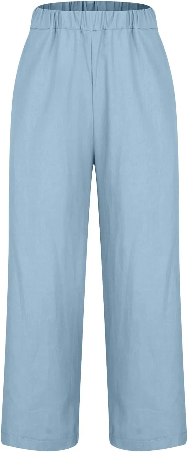 Linen Pants for Women Summer Casual Cropped Pants Straight Leg Beach Pants High Waisted Lounge Pants with Pockets