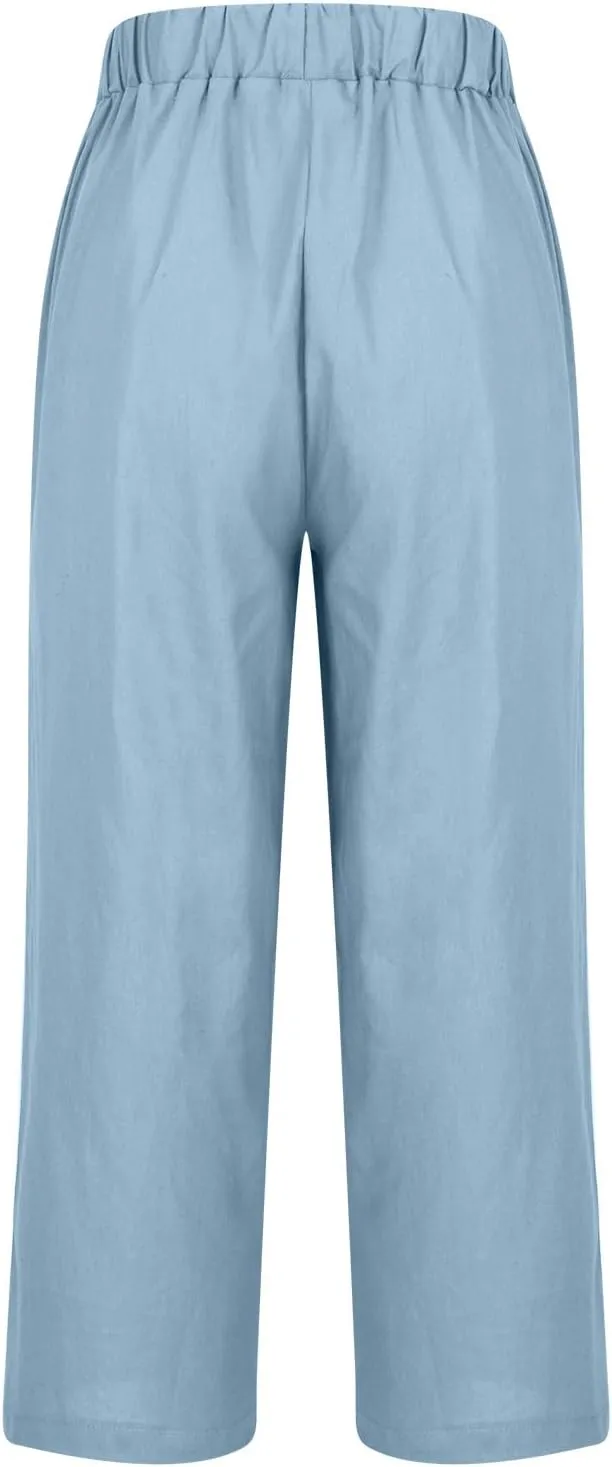 Linen Pants for Women Summer Casual Cropped Pants Straight Leg Beach Pants High Waisted Lounge Pants with Pockets