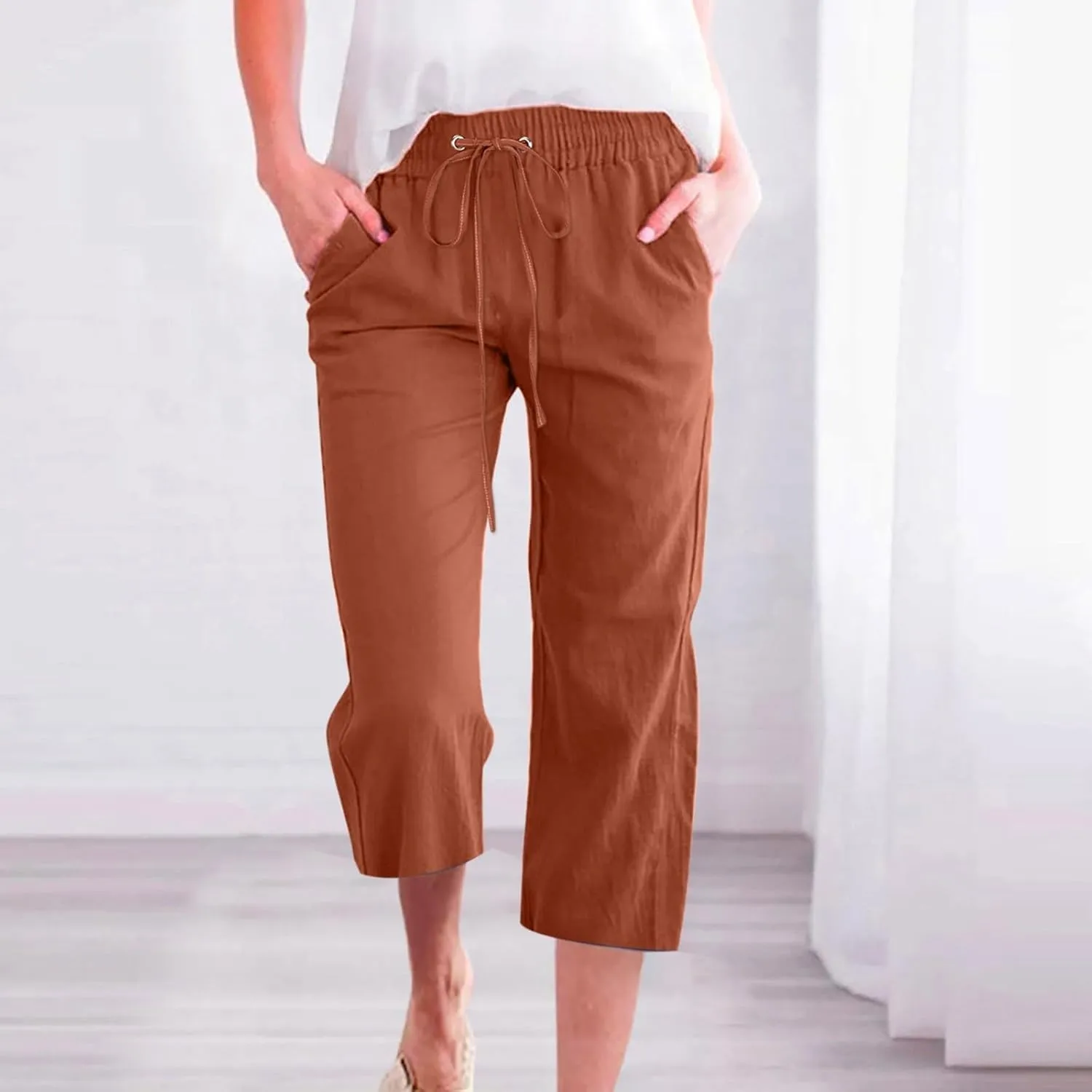 Linen Pants Women Summer Capri Pants Button Up Straight Leg Cropped Pants Elastic Waist Casual Pants Trousers Palazzo