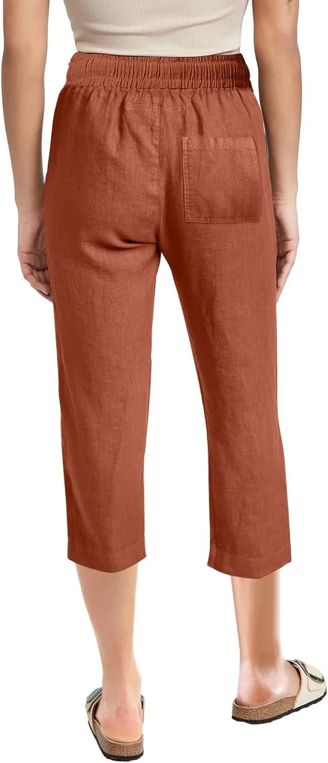 Linen Pants Women Summer Capri Pants Button Up Straight Leg Cropped Pants Elastic Waist Casual Pants Trousers Palazzo