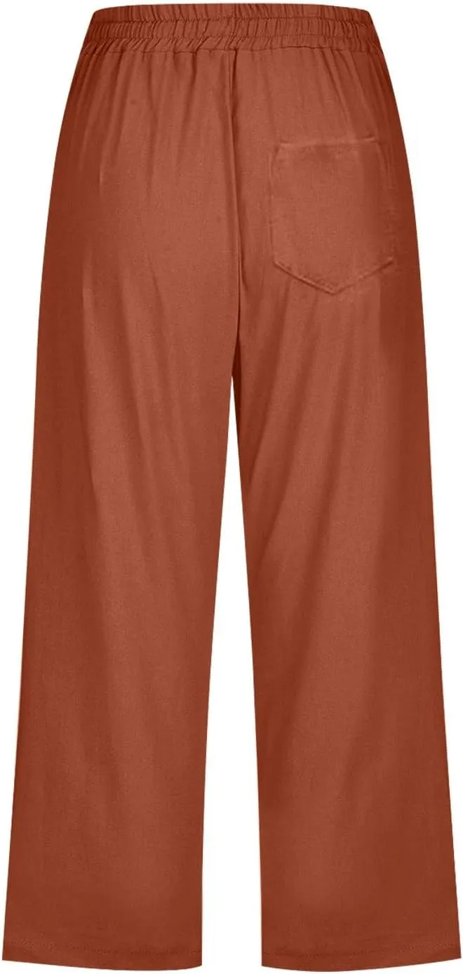 Linen Pants Women Summer Capri Pants Button Up Straight Leg Cropped Pants Elastic Waist Casual Pants Trousers Palazzo