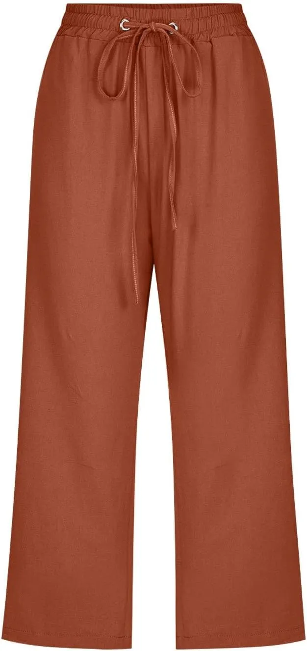 Linen Pants Women Summer Capri Pants Button Up Straight Leg Cropped Pants Elastic Waist Casual Pants Trousers Palazzo