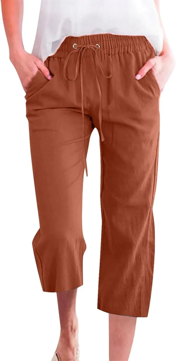 Linen Pants Women Summer Capri Pants Button Up Straight Leg Cropped Pants Elastic Waist Casual Pants Trousers Palazzo