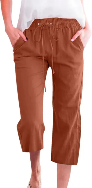 Linen Pants Women Summer Capri Pants Button Up Straight Leg Cropped Pants Elastic Waist Casual Pants Trousers Palazzo