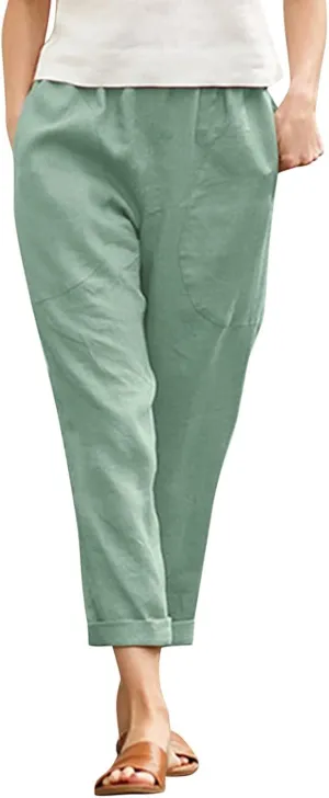 Linen Pants Women Summer Capri Pants with Pockets Wide Leg Ankle Cropped Pants for Women Women High Waisted Wide Leg