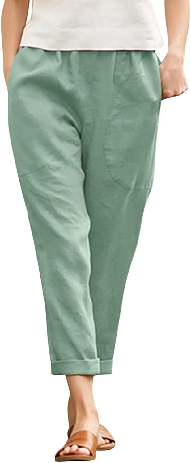 Linen Pants Women Summer Capri Pants with Pockets Wide Leg Ankle Cropped Pants for Women Women High Waisted Wide Leg